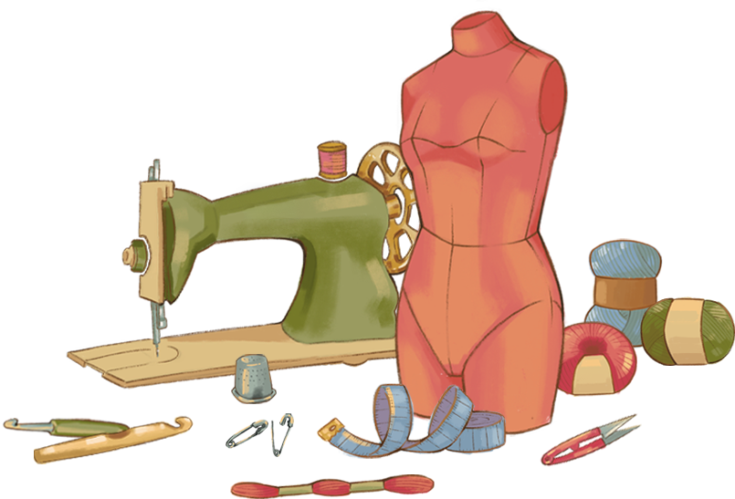 Máquina de costura, manequim e materiais de crochê